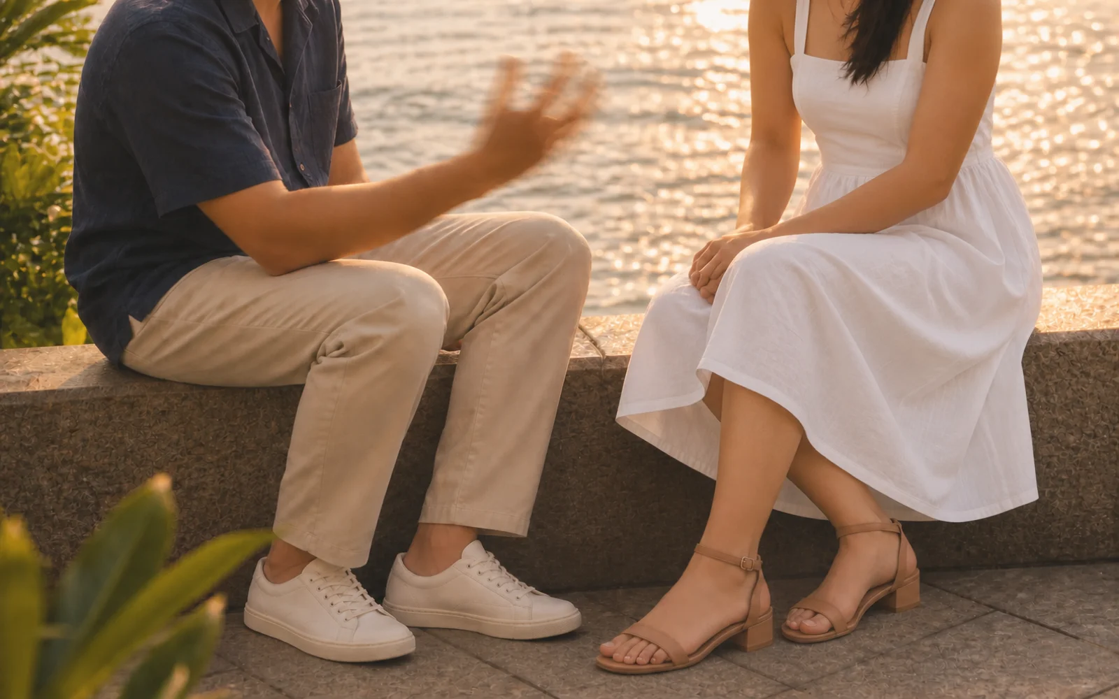 Two people talking beside the water, with sneakers and low heels close but not touching