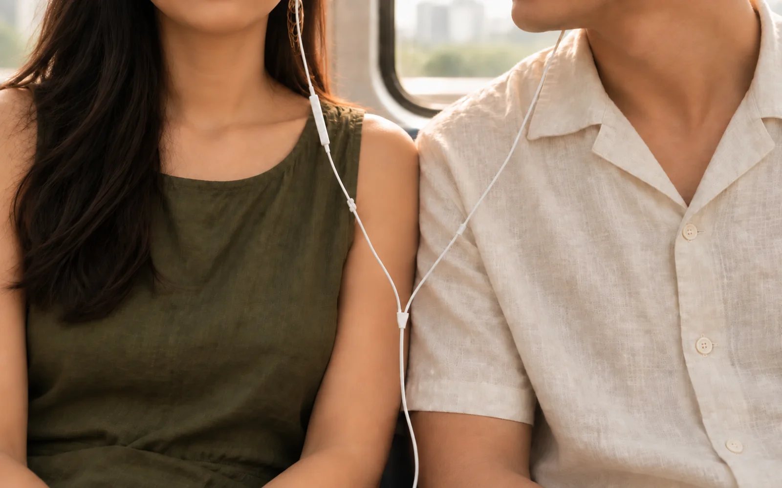 Two people sharing wired earphones on a train